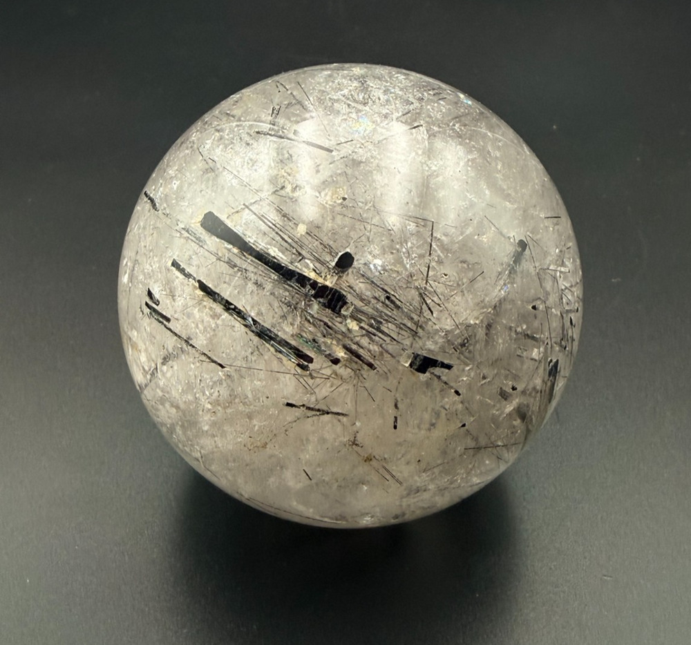 Polished Black Tourmaline Rutilated Quartz Sphere Ball 990 Grams Black Needles